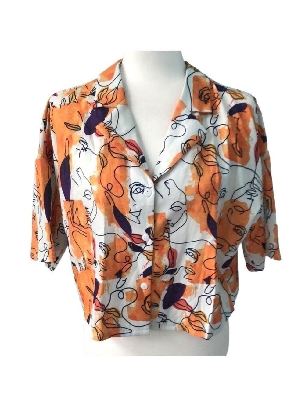 Shein Short Sleeve Figure Print Button Down Crop Top Size Large